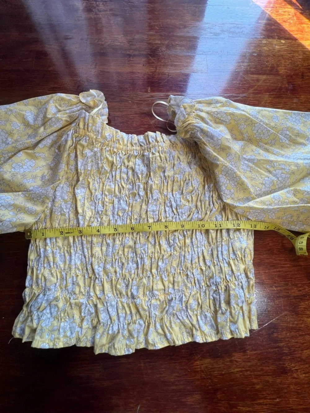 Puff Sleeve Floral Smocked Off-Shoulder Crop Top Size L Cotton Poplin Yellow